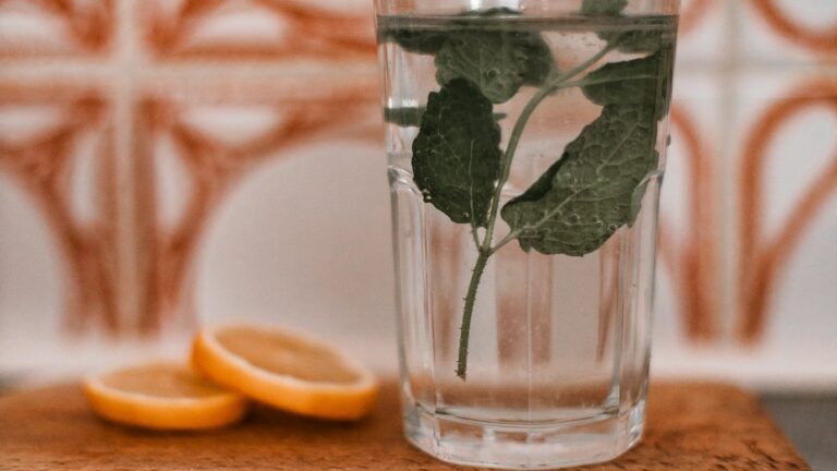 Verre d'eau au citron sur une planche en bois